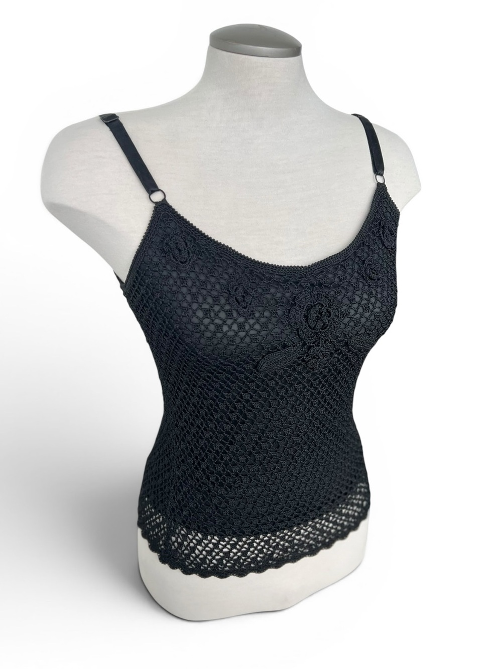 Black Crochet Tank Top with Floral Detail